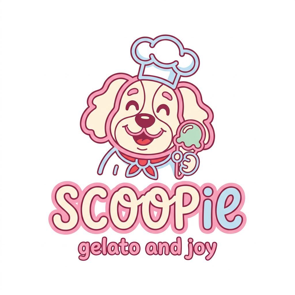 AI Design for create a mascot who is a cute dog ,it should be outline logo for the brand scoopie and the font style will be bultik for the brand name and also add the tagline " gelato and joy" underneath the mascot and the logo name. Bubblegum & Sky” — a sweet, high-joy palette. Pink leads, baby blue cools it,buttercream & cream keep it appetising, cherry adds the pop.Lead with pink & cream (~60%), support with sky & buttercream (~30%), punctuate with cherry & mint (~10%).