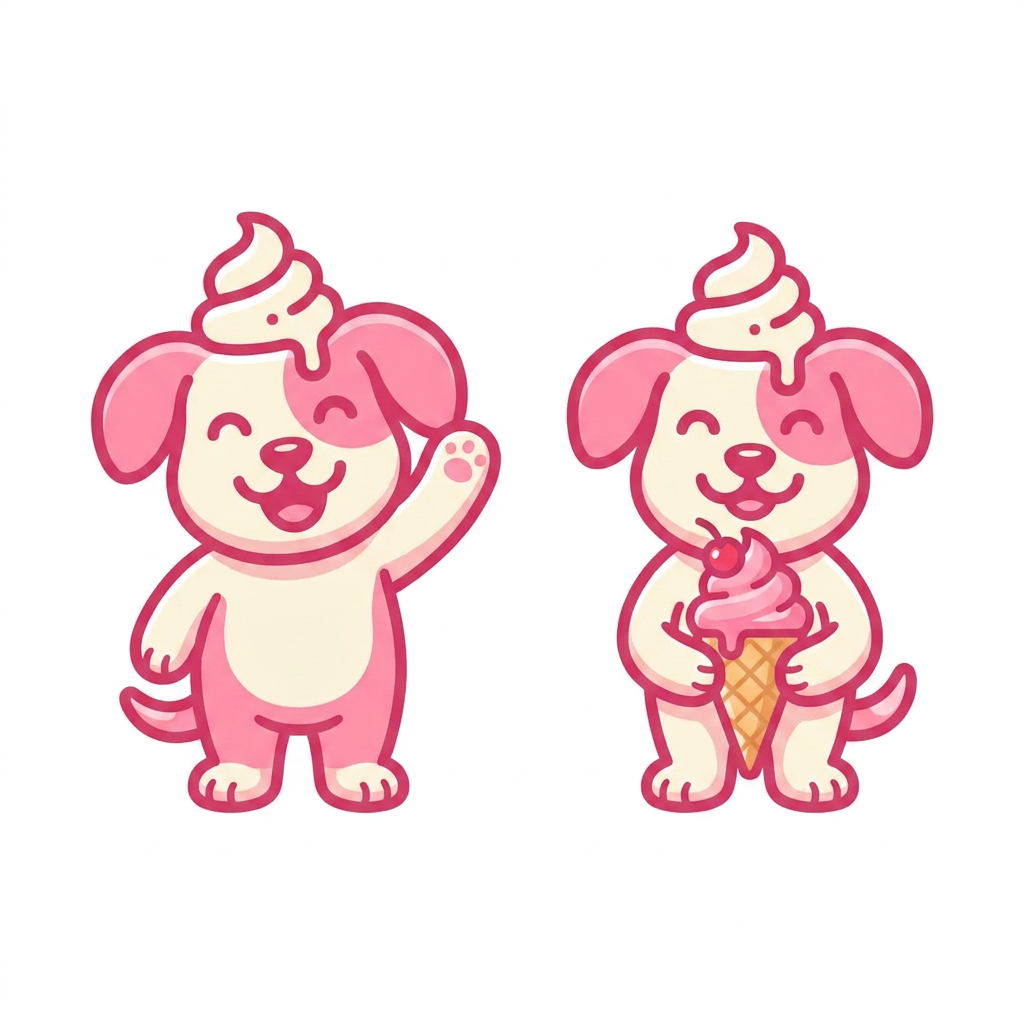 AI Design for extract the mascot from the image and give me variations where the puppy is waving, holding an ice cream