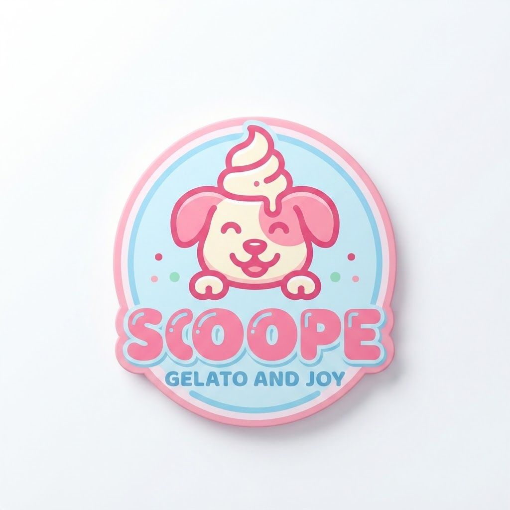 AI Design for Marketplace-ready product listing image for Scoopie. A circular logo featuring a smiling puppy with a swirl of gelato on its head, using a pastel pink, cream, and light blue color palette. The text 'SCOOPIE' appears in bold pink letters above the tagline 'GELATO AND JOY'. Clean light background, product fully visible, balanced thumbnail composition, subtle shadow, accurate color and shape, no badges, no callout text, no extra props competing with the product.