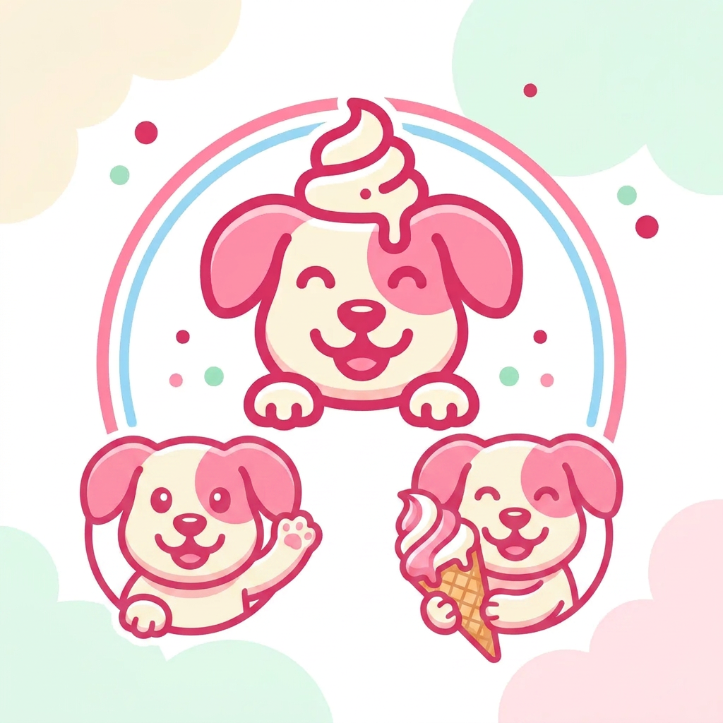 AI Design for extract the mascot from the image and give me variations where the puppy is waving, holding an ice cream