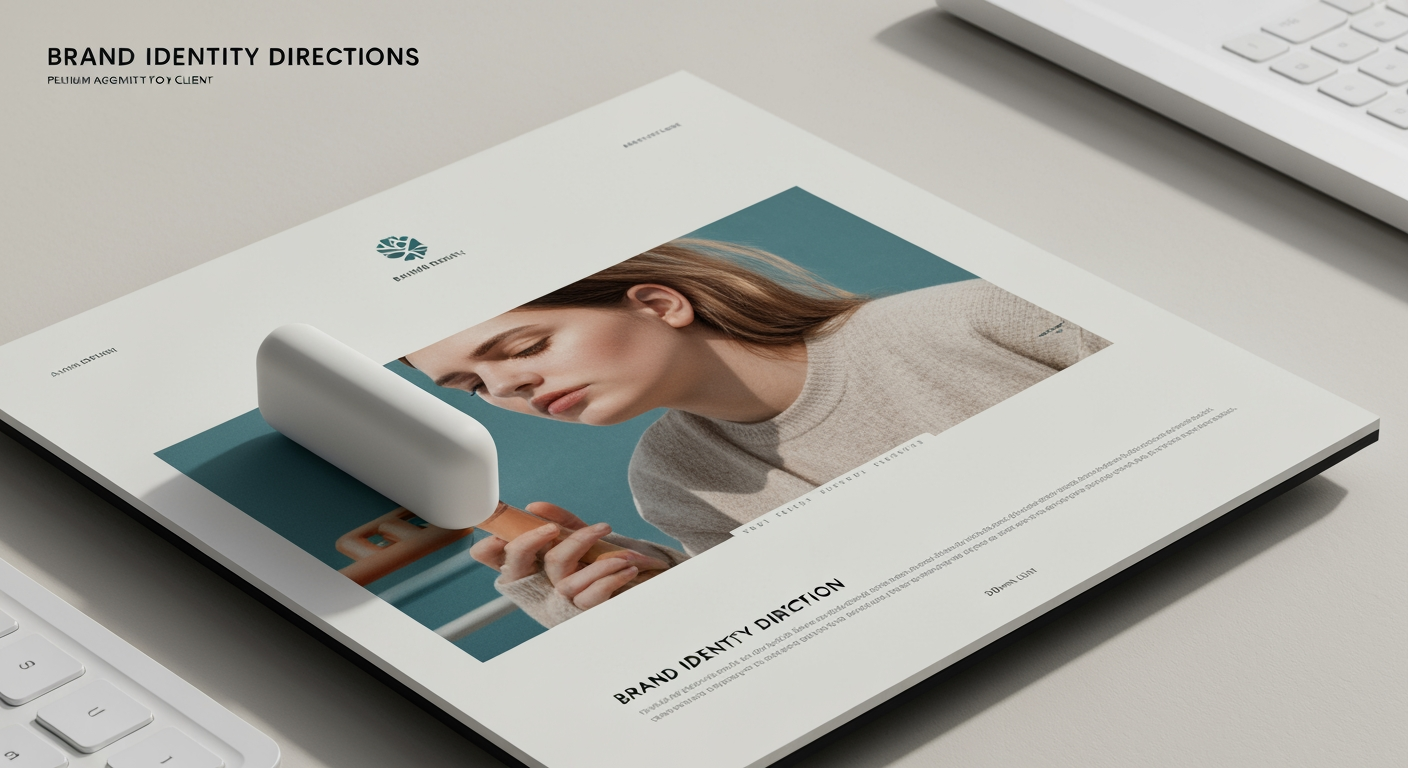 AI Design for Client presentation mockup concept for Brand identity directions for a client. Polished scene showing the design direction applied to a realistic surface, screen, poster, or object, premium agency presentation style, no readable placeholder text.
