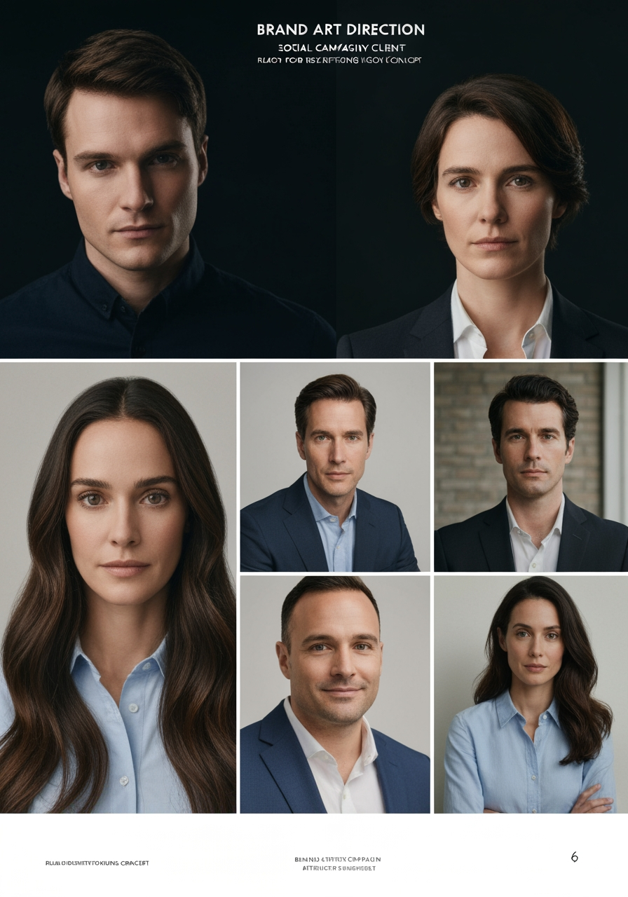 AI Design for Social campaign preview concept for Brand identity directions for a client. Portrait campaign visual that feels ready for client approval, clear focal image, cohesive art direction, clean space for copy to be added later, no generated text.