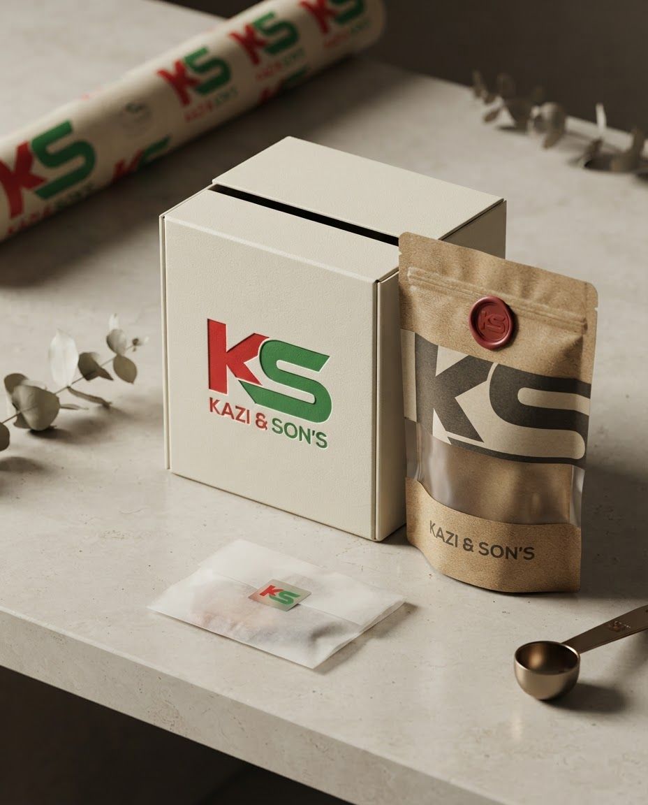 AI Design for Premium packaging mockup concept for Create a modern, clean brand identity system that utilizes the bold red and green color palette of the KS logo to build a professional and memorable presence across social platforms.. Brand identity applied to realistic boxes, pouches, labels, wraps, or bags as appropriate, polished tabletop scene, tactile materials, no invented readable copy.
Incorporate the attached brand element reference image (Reference A: brand element "Kazi & Son's") into the composition where natural — preserve the depicted brand element's appearance.