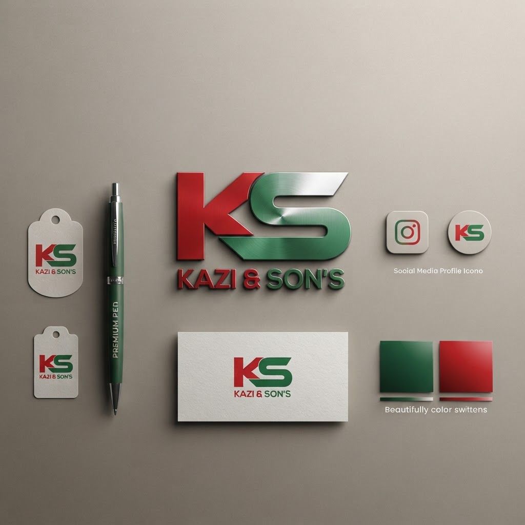 AI Design for Premium logo presentation mockup concept for Create a modern, clean brand identity system that utilizes the bold red and green color palette of the KS logo to build a professional and memorable presence across social platforms.. Logo or brand mark displayed on a clean neutral surface with subtle depth, refined shadow, precise alignment, elegant design-studio presentation, no extra readable text.
Incorporate the attached brand element reference image (Reference A: brand element "Kazi & Son's") into the composition where natural — preserve the depicted brand element's appearance.