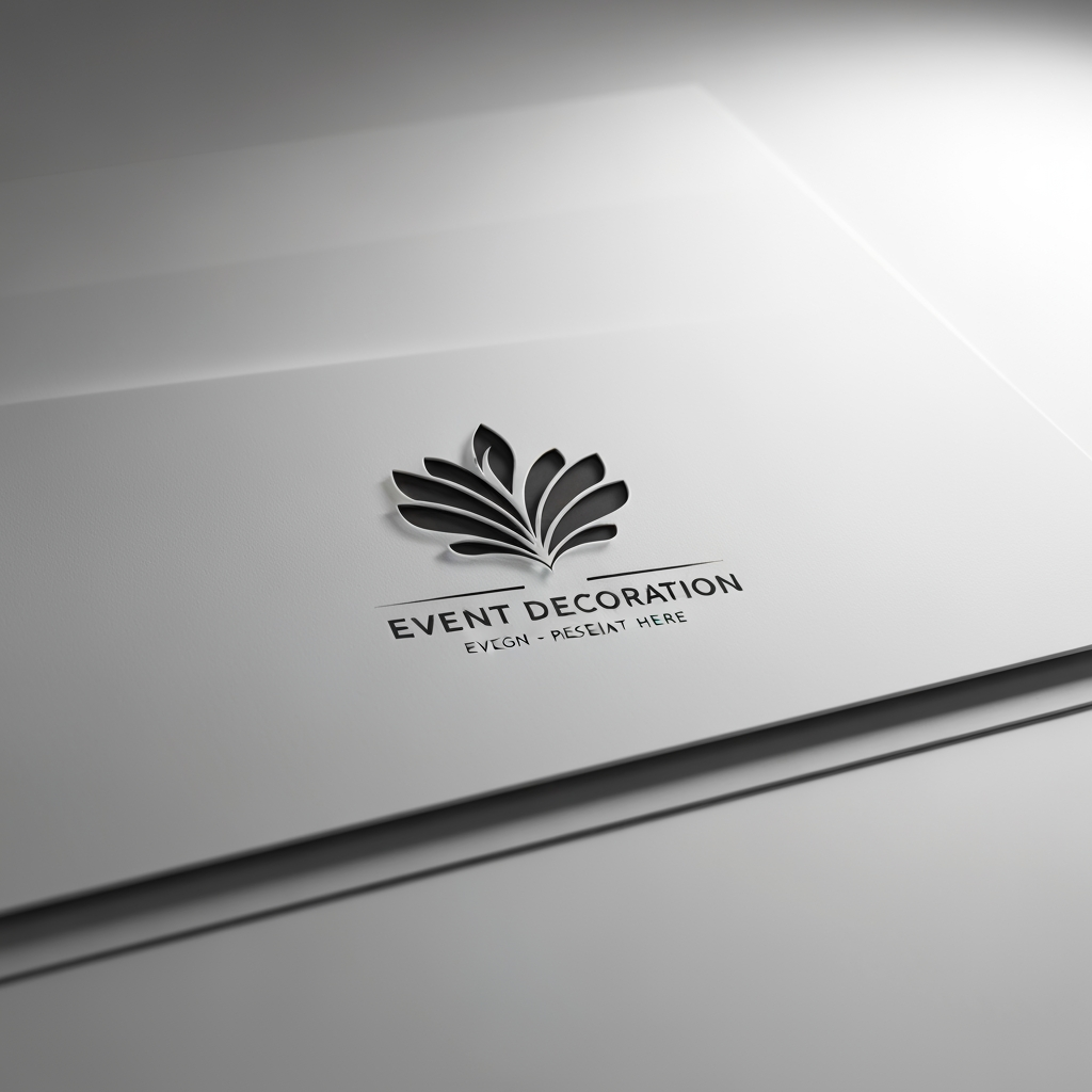 AI Design for Premium logo presentation mockup concept for A logo for event decoration company. Logo or brand mark displayed on a clean neutral surface with subtle depth, refined shadow, precise alignment, elegant design-studio presentation, no extra readable text.