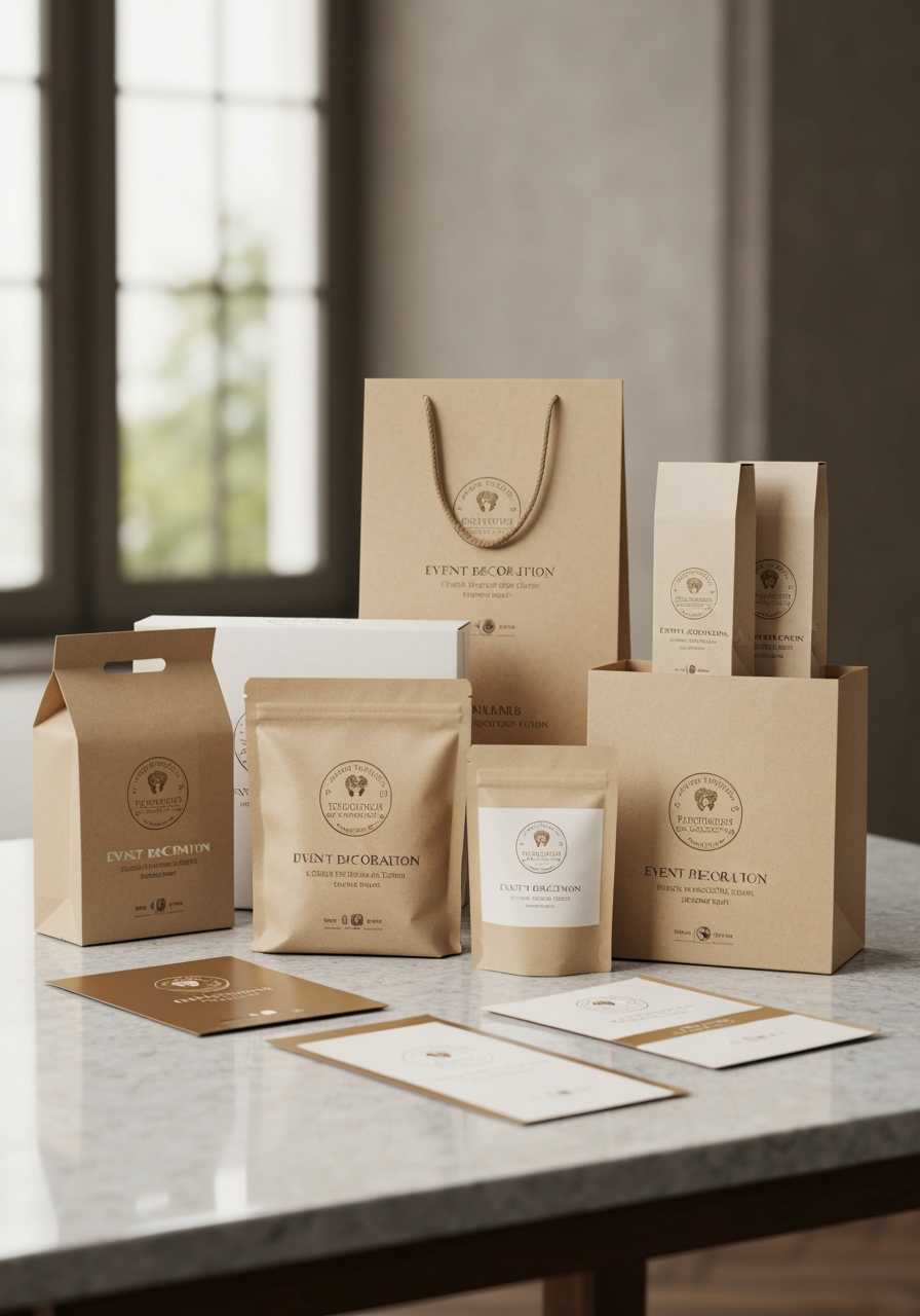 AI Design for Premium packaging mockup concept for A logo for event decoration company. Brand identity applied to realistic boxes, pouches, labels, wraps, or bags as appropriate, polished tabletop scene, tactile materials, no invented readable copy.