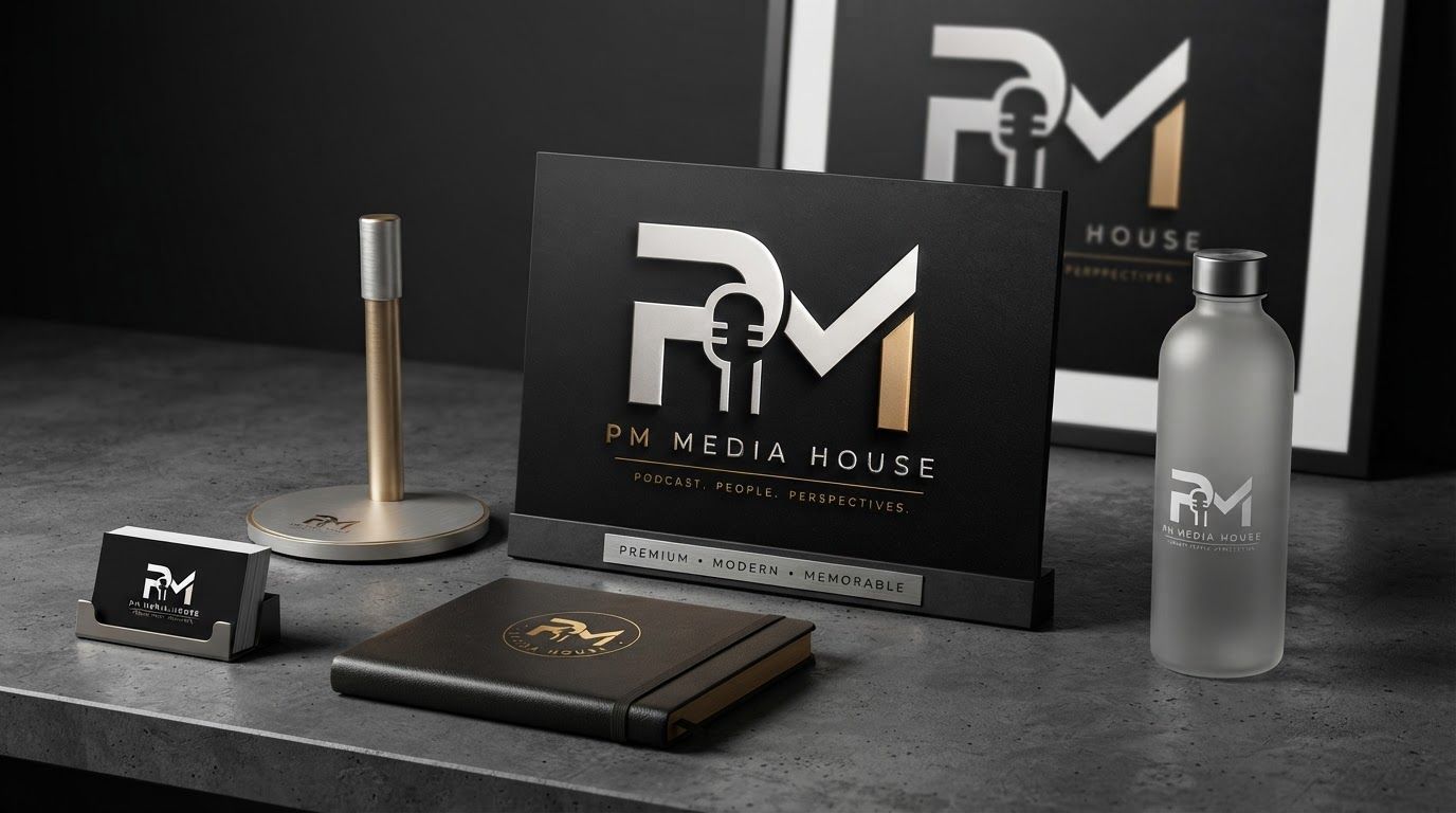 AI Design for Client presentation mockup for brand. Polished scene showing the design direction applied to a realistic surface, screen, poster, or object, premium agency presentation style, no readable placeholder text.
Incorporate the attached brand element reference image (Reference A: brand element "PM Media House") into the composition where natural — preserve the depicted brand element's appearance.