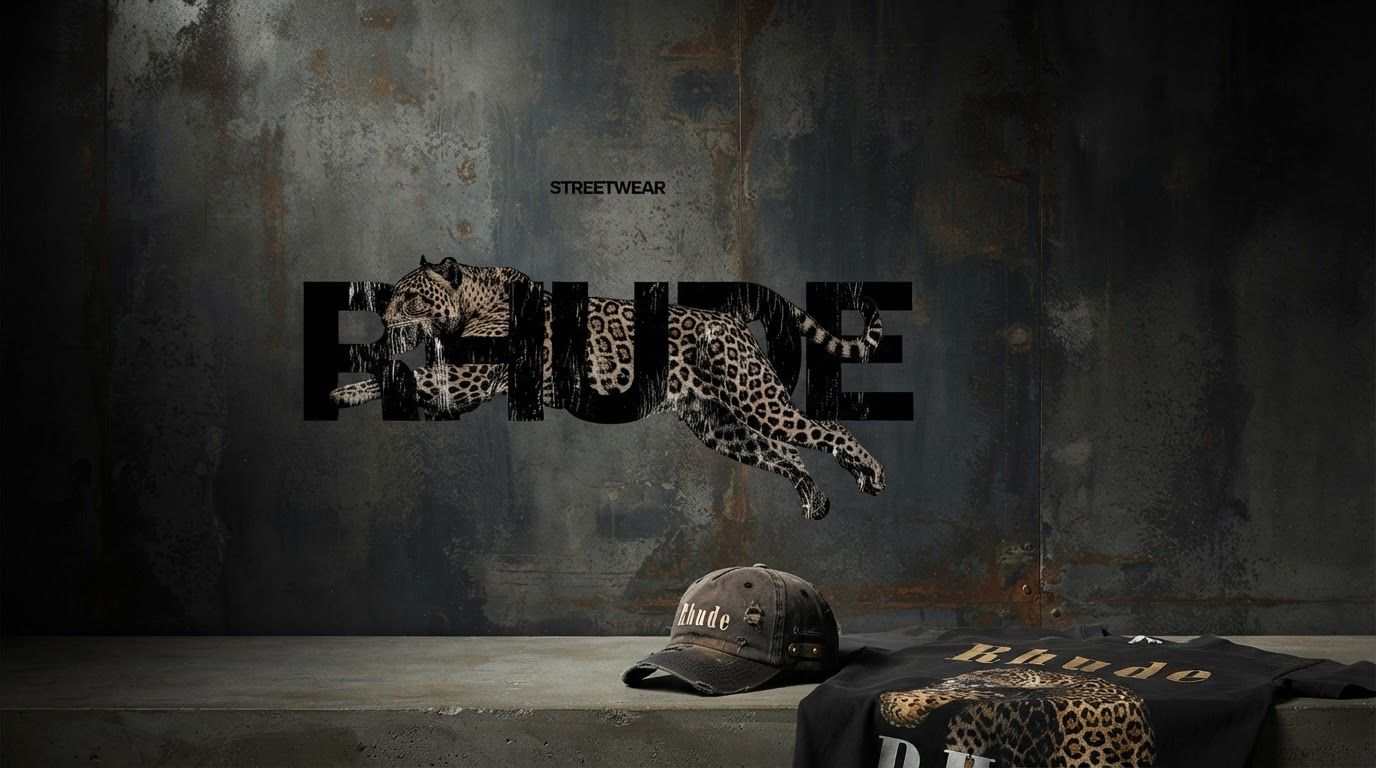 AI Design for Website hero image concept for Create a high-impact streetwear graphic featuring a bold, distressed typography treatment integrated with a dynamic leopard print texture to anchor your brand identity.. Wide polished digital brand visual, clear focal identity element, cohesive colors and atmosphere, generous negative space for headline and CTA to be added later, no rendered UI text.
Incorporate the attached brand element reference image (Reference A: brand element "Rhude Leopard Logo") into the composition where natural — preserve the depicted brand element's appearance.