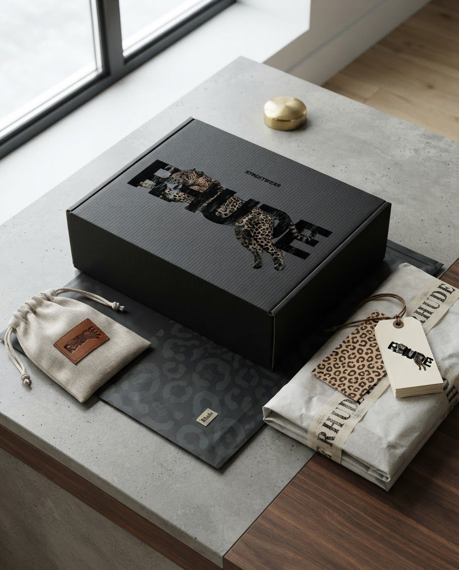 AI Design for Premium packaging mockup concept for Create a high-impact streetwear graphic featuring a bold, distressed typography treatment integrated with a dynamic leopard print texture to anchor your brand identity.. Brand identity applied to realistic boxes, pouches, labels, wraps, or bags as appropriate, polished tabletop scene, tactile materials, no invented readable copy.
Incorporate the attached brand element reference image (Reference A: brand element "Rhude Leopard Logo") into the composition where natural — preserve the depicted brand element's appearance.