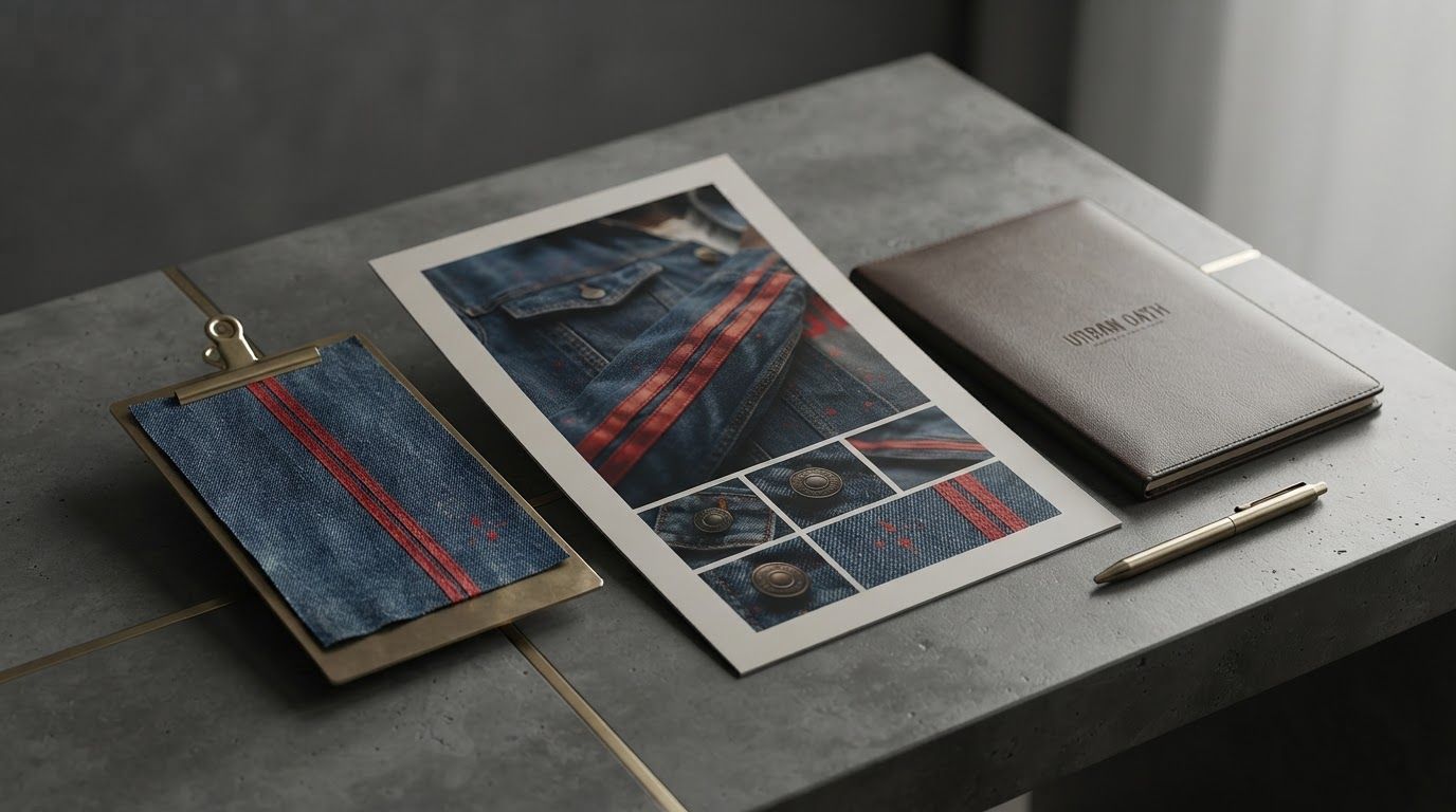 AI Design for Client presentation mockup for brand. Polished scene showing the design direction applied to a realistic surface, screen, poster, or object, premium agency presentation style, no readable placeholder text.
Incorporate the attached brand element reference image (Reference A: brand element "Urban Denim Stripe Jacket") into the composition where natural — preserve the depicted brand element's appearance.