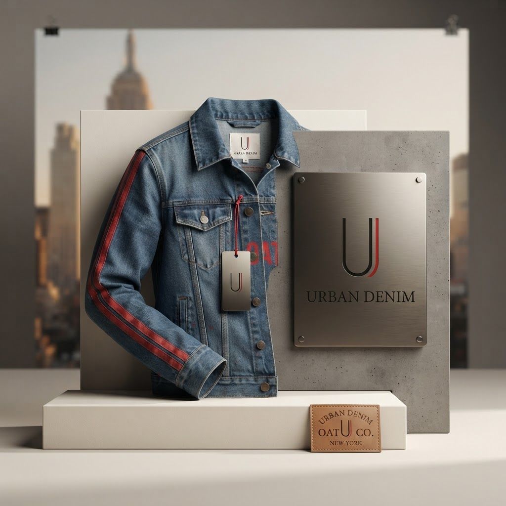 AI Design for Premium logo presentation mockup concept for A professional fashion editorial shot of a man wearing a denim jacket with red racing stripes, posing on a rooftop with a blurred NYC skyline background.. Logo or brand mark displayed on a clean neutral surface with subtle depth, refined shadow, precise alignment, elegant design-studio presentation, no extra readable text.
Incorporate the attached brand element reference image (Reference A: brand element "Urban Denim Stripe Jacket") into the composition where natural — preserve the depicted brand element's appearance.
