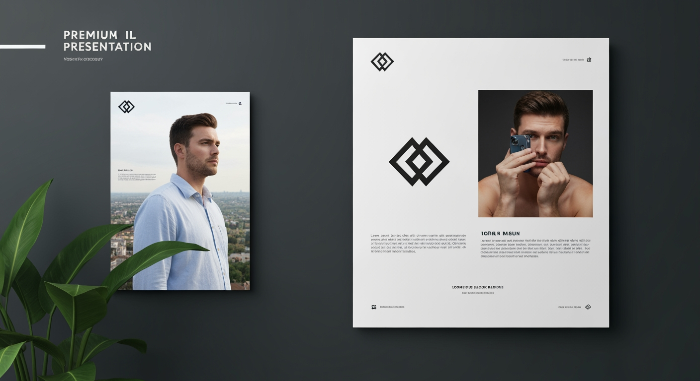AI Design for Client presentation mockup concept for Brand identity directions for a client. Polished scene showing the design direction applied to a realistic surface, screen, poster, or object, premium agency presentation style, no readable placeholder text.