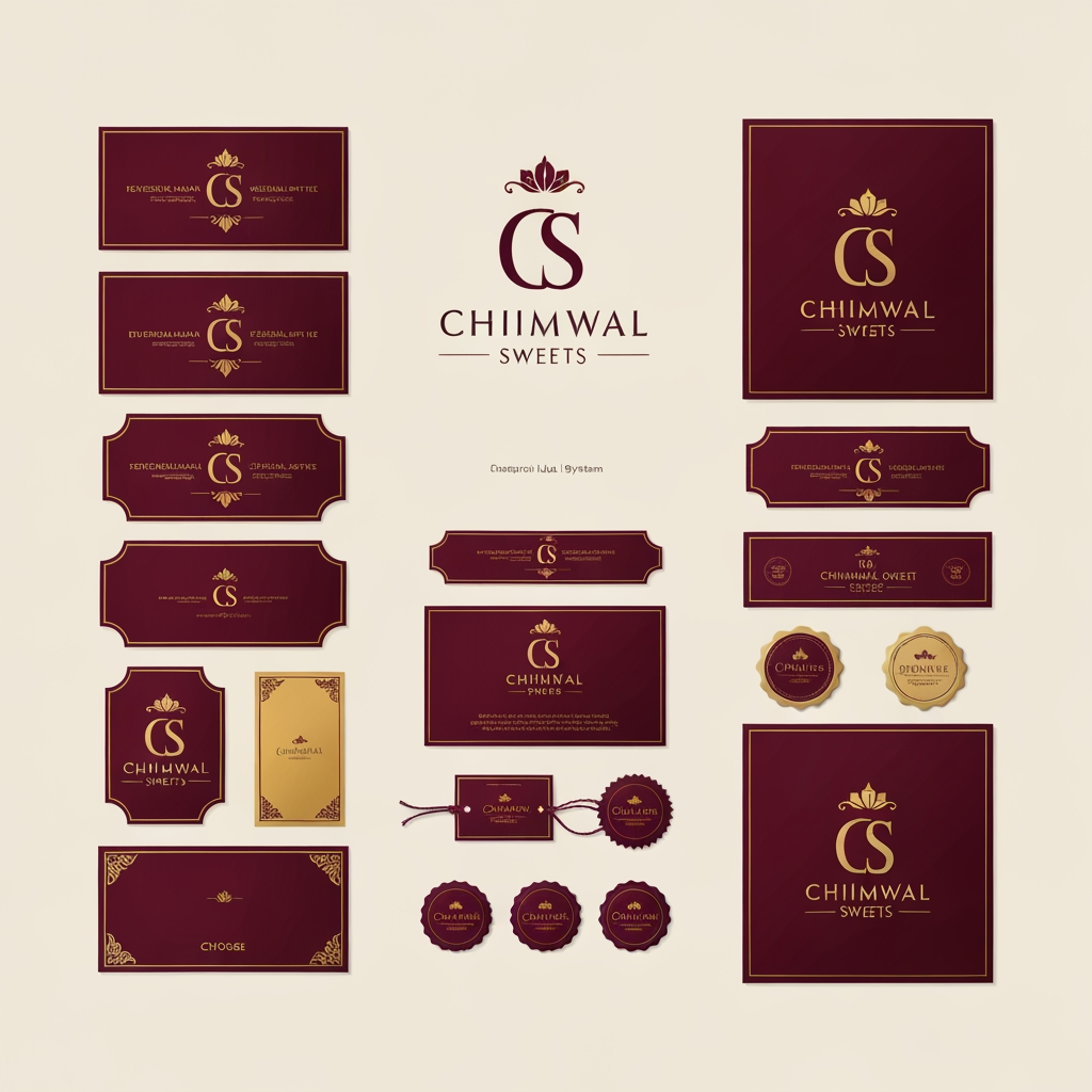 AI Design for Cohesive label system mockup concept for Design a modern, premium, and memorable logo for a traditional Indian sweets brand named "Chhimwal Sweets". The logo should reflect trust, authenticity, tradition, and quality while maintaining a clean, elegant, and professional look. Incorporate a subtle icon such as a traditional Indian sweet (laddu, rasgulla, or peda), a decorative sweet box, or a stylized "CS" monogram. Use a warm color palette featuring deep saffron, royal maroon, and gold accents to convey richness and celebration. Choose. Product labels, stickers, seals, hang tags, or small packaging details arranged as a refined identity system, realistic print materials, no invented readable copy.