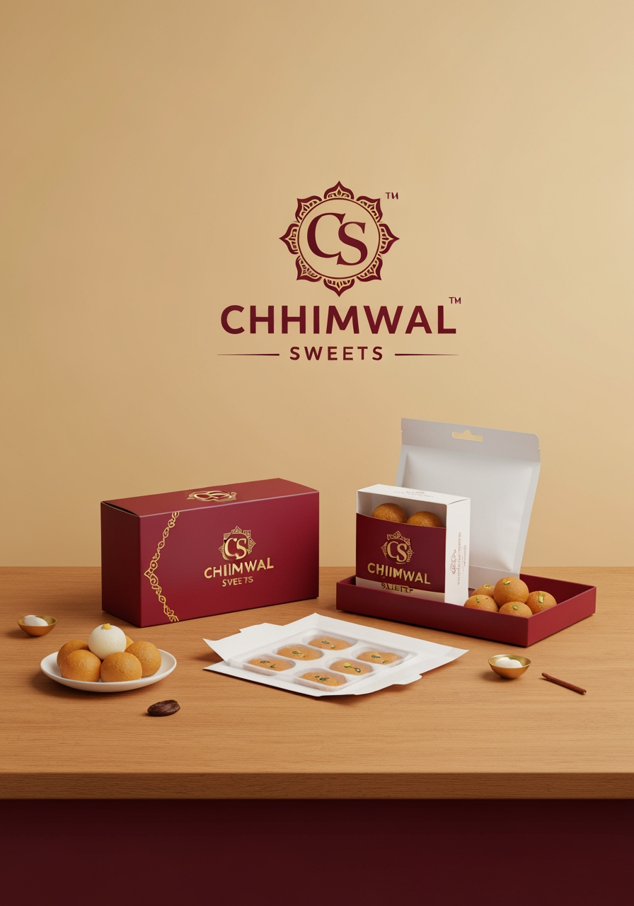 AI Design for Packaging and unboxing scene concept for Design a modern, premium, and memorable logo for a traditional Indian sweets brand named "Chhimwal Sweets". The logo should reflect trust, authenticity, tradition, and quality while maintaining a clean, elegant, and professional look. Incorporate a subtle icon such as a traditional Indian sweet (laddu, rasgulla, or peda), a decorative sweet box, or a stylized "CS" monogram. Use a warm color palette featuring deep saffron, royal maroon, and gold accents to convey richness and celebration. Choose. Product and packaging arranged in a polished tabletop composition, realistic folds, inserts, tissue, or box details where appropriate, premium ecommerce styling, no invented readable copy.
