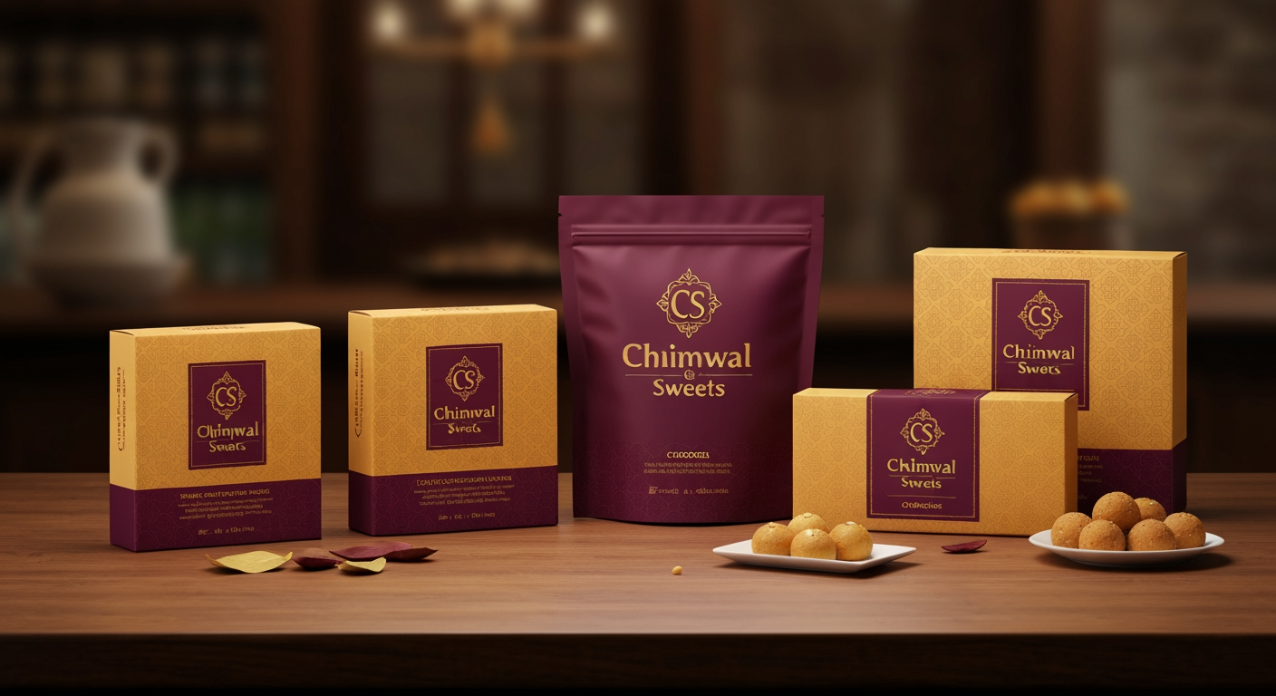 AI Design for Premium packaging mockup concept for Design a modern, premium, and memorable logo for a traditional Indian sweets brand named "Chhimwal Sweets". The logo should reflect trust, authenticity, tradition, and quality while maintaining a clean, elegant, and professional look. Incorporate a subtle icon such as a traditional Indian sweet (laddu, rasgulla, or peda), a decorative sweet box, or a stylized "CS" monogram. Use a warm color palette featuring deep saffron, royal maroon, and gold accents to convey richness and celebration. Choose. Brand identity applied to realistic boxes, pouches, labels, wraps, or bags as appropriate, polished tabletop scene, tactile materials, no invented readable copy.