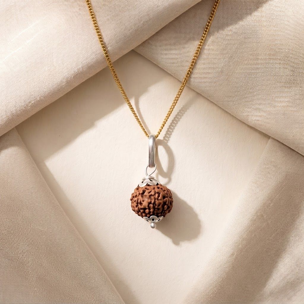 AI Design for High-end studio product photograph of Rudraksha Gold Pendant. A brown, naturally textured spherical Rudraksha bead is set in silver filigree caps and suspended from a delicate gold chain. The jewelry rests on a folded, neutral-toned fabric surface. Product centered as the clear hero, clean neutral background, controlled softbox lighting, realistic contact shadow, crisp edges, accurate material texture, no readable text added.