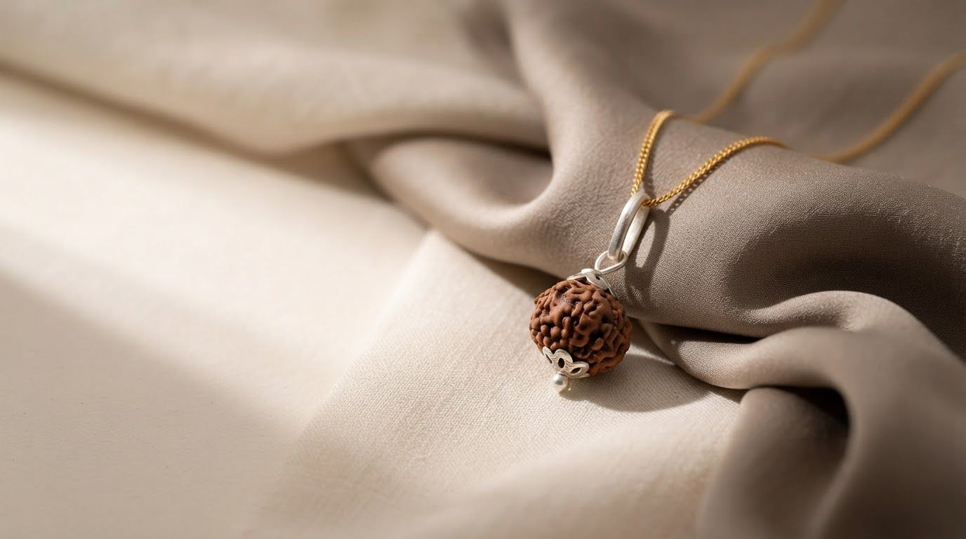 AI Design for Wide campaign hero photograph for Rudraksha Gold Pendant. A brown, naturally textured spherical Rudraksha bead is set in silver filigree caps and suspended from a delicate gold chain. The jewelry rests on a folded, neutral-toned fabric surface. Premium advertising composition with the product as focal point, cinematic lighting, clean negative space on one side for copy to be added later, no rendered words or logos beyond the reference product.
