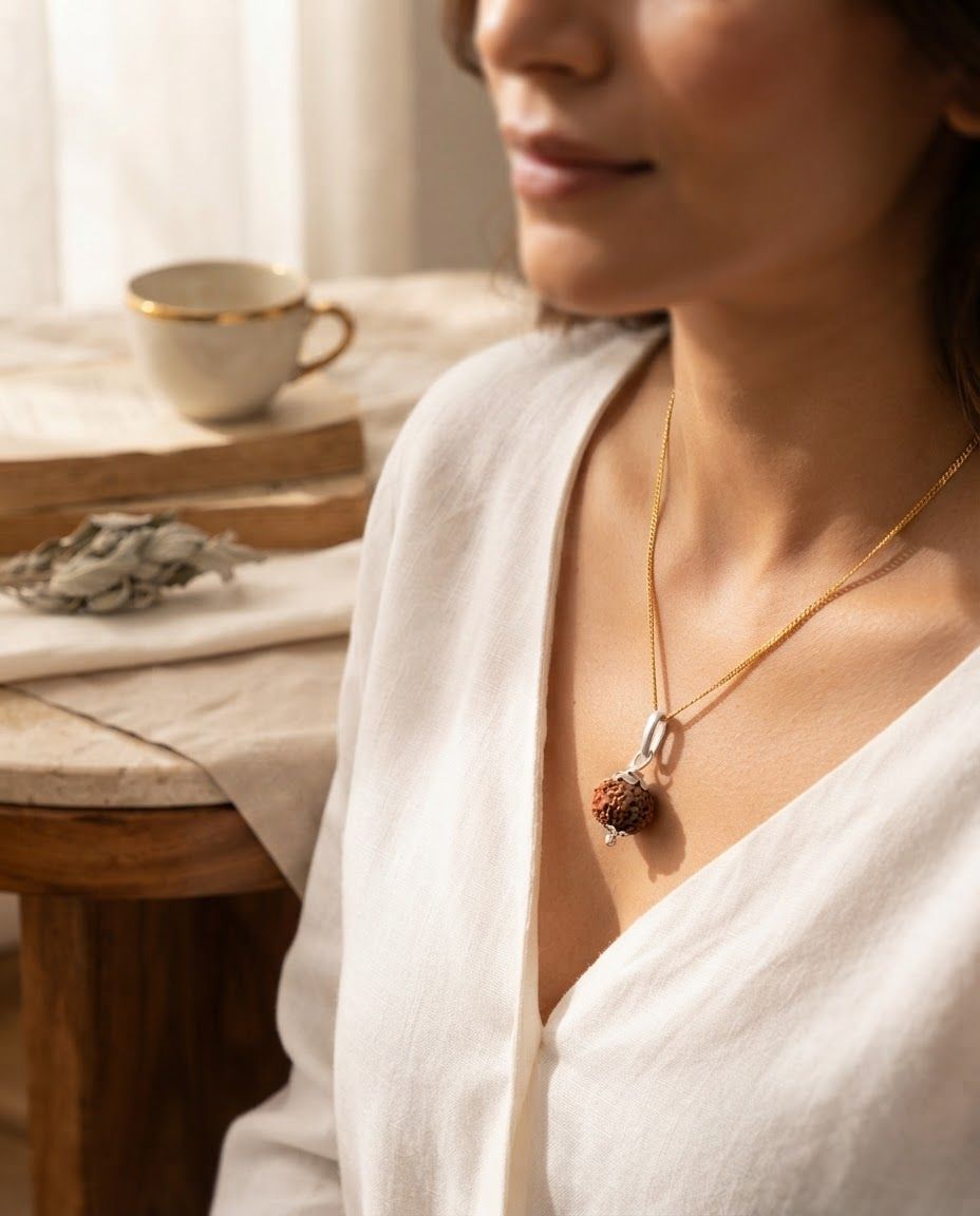 AI Design for Lifestyle product photograph of Rudraksha Gold Pendant being naturally used in a believable real-world setting. A brown, naturally textured spherical Rudraksha bead is set in silver filigree caps and suspended from a delicate gold chain. The jewelry rests on a folded, neutral-toned fabric surface. Human-scale context, warm natural light, editorial composition, shallow depth of field, product clearly visible and undistorted.