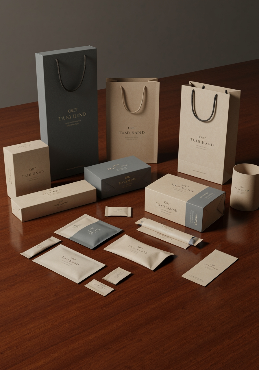 AI Design for Premium packaging mockup concept for logo creation. Brand identity applied to realistic boxes, pouches, labels, wraps, or bags as appropriate, polished tabletop scene, tactile materials, no invented readable copy.