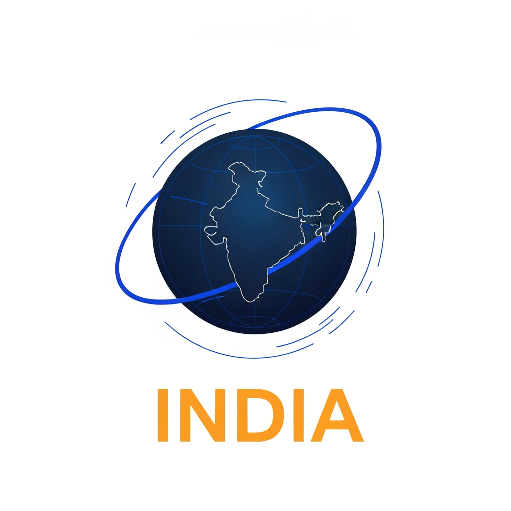 AI Design for Icon: A minimalist, stylized globe or circular orbit wrapping around a subtle map outline of India.Colors: Deep navy blue (representing trust) combined with vibrant electric blue and a touch of saffron.Typography: Clean, bold, sans-serif font for "INDIA", with "360" styled inside a circular badge or target icon. please create a logo