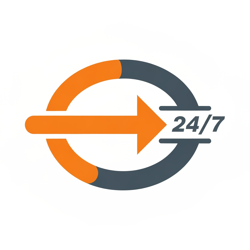 AI Design for Icon: A circular, continuous arrow looping around the text, representing non-stop, 24/7 updates from every direction.Colors: High-contrast bright orange, white, and deep slate grey.Typography: Italicized, forward-leaning modern font to give a sense of speed, immediacy, and action.
