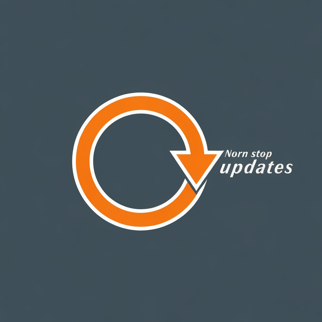 AI Design for Icon: A circular, continuous arrow looping around the text, representing non-stop, 24/7 updates from every direction.Colors: High-contrast bright orange, white, and deep slate grey.Typography: Italicized, forward-leaning modern font to give a sense of speed, immediacy, and action.