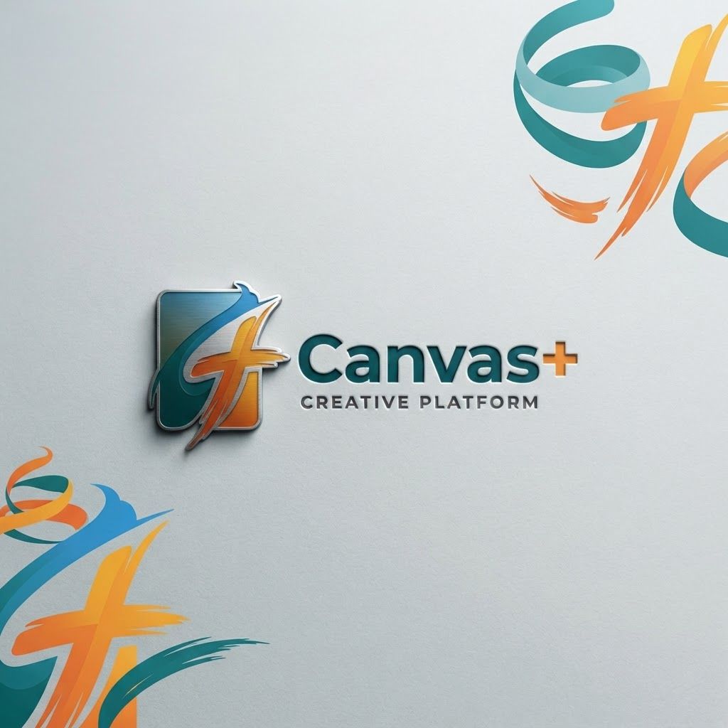AI Design for Premium logo presentation mockup concept for Develop a sleek, professional brand visual for a creative platform using the existing teal and orange color palette with clean, motion-focused abstract motifs.. Logo or brand mark displayed on a clean neutral surface with subtle depth, refined shadow, precise alignment, elegant design-studio presentation, no extra readable text.

Incorporate the attached brand element reference image (Reference A: brand element "Canvas+") into the composition where natural — preserve the depicted brand element's appearance.