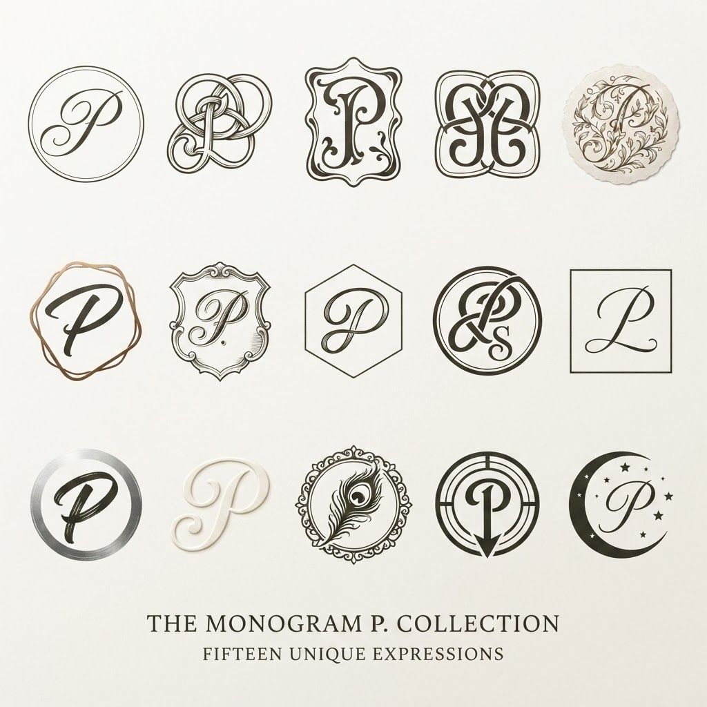 AI Design for Create some monogram logos for the letter "P". attaching some logos for reference. Create 10-15 logos like this for P. Use Typography (Script).