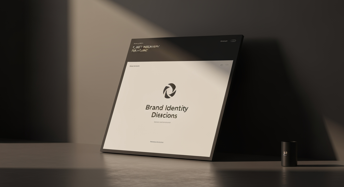 AI Design for Client presentation mockup concept for Brand identity directions for a client. Polished scene showing the design direction applied to a realistic surface, screen, poster, or object, premium agency presentation style, no readable placeholder text.