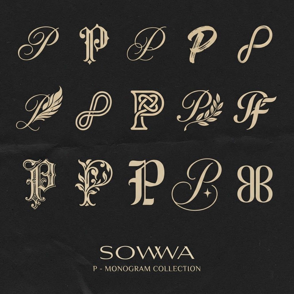 AI Design for Create some monogram logos for the letter "P". attaching some logos for reference. Create 10-15 logos like this for P. Use Typography (Script).