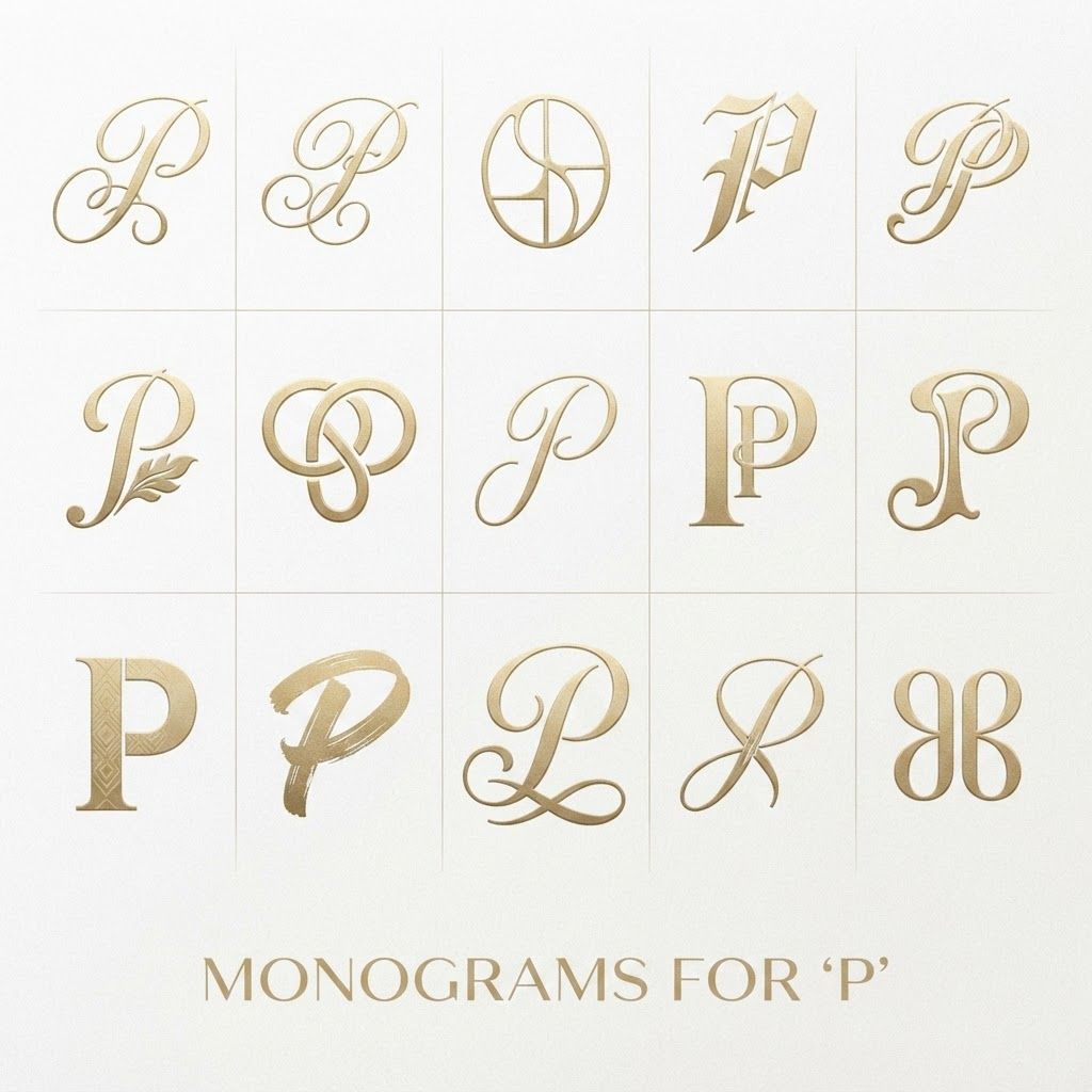 AI Design for Create some monogram logos for the letter "P". attaching some logos for reference. Create 10-15 logos like this for P. Use Typography (Script).