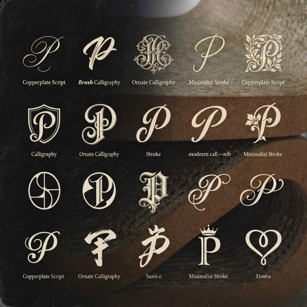 AI Design for Create some monogram logos for the letter "P". attaching some logos for reference. Create 10-15 logos like this for P. Use Typography (Script).