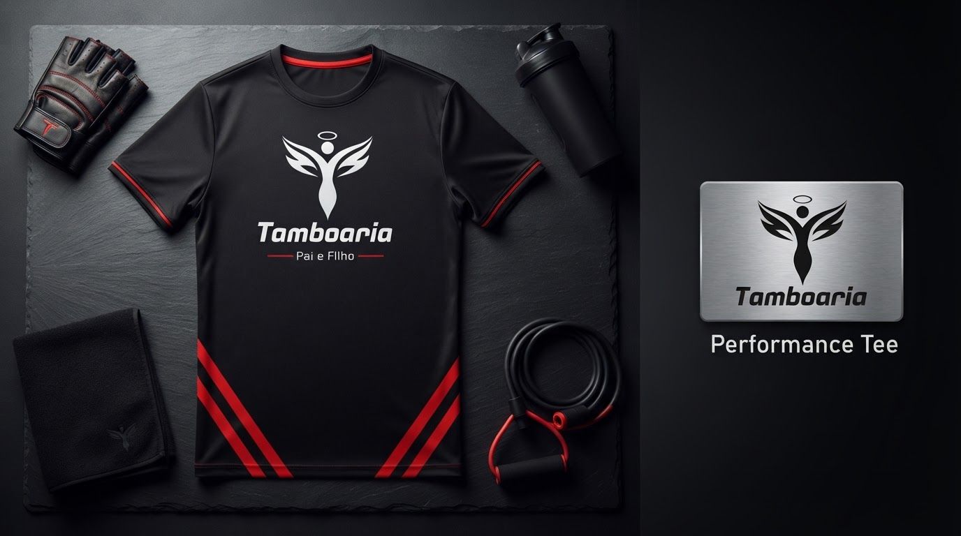 AI Design for Wide campaign hero photograph concept for A professional product flatlay of the Tamboaria t-shirt on a dark surface, styled with gym accessories to showcase the modern branding and athletic fit.. Premium advertising composition with a clear focal product, cinematic lighting, clean negative space on one side for copy to be added later, no rendered words.
Incorporate the attached brand element reference image (Reference A: brand element "Tamboaria Performance Tee") into the composition where natural — preserve the depicted brand element's appearance.