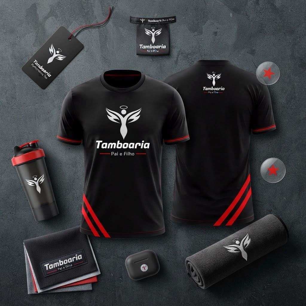 AI Design for Cohesive label system mockup concept for A professional product flatlay of the Tamboaria t-shirt on a dark surface, styled with gym accessories to showcase the modern branding and athletic fit.. Product labels, stickers, seals, hang tags, or small packaging details arranged as a refined identity system, realistic print materials, no invented readable copy.
Incorporate the attached brand element reference image (Reference A: brand element "Tamboaria Performance Tee") into the composition where natural — preserve the depicted brand element's appearance.