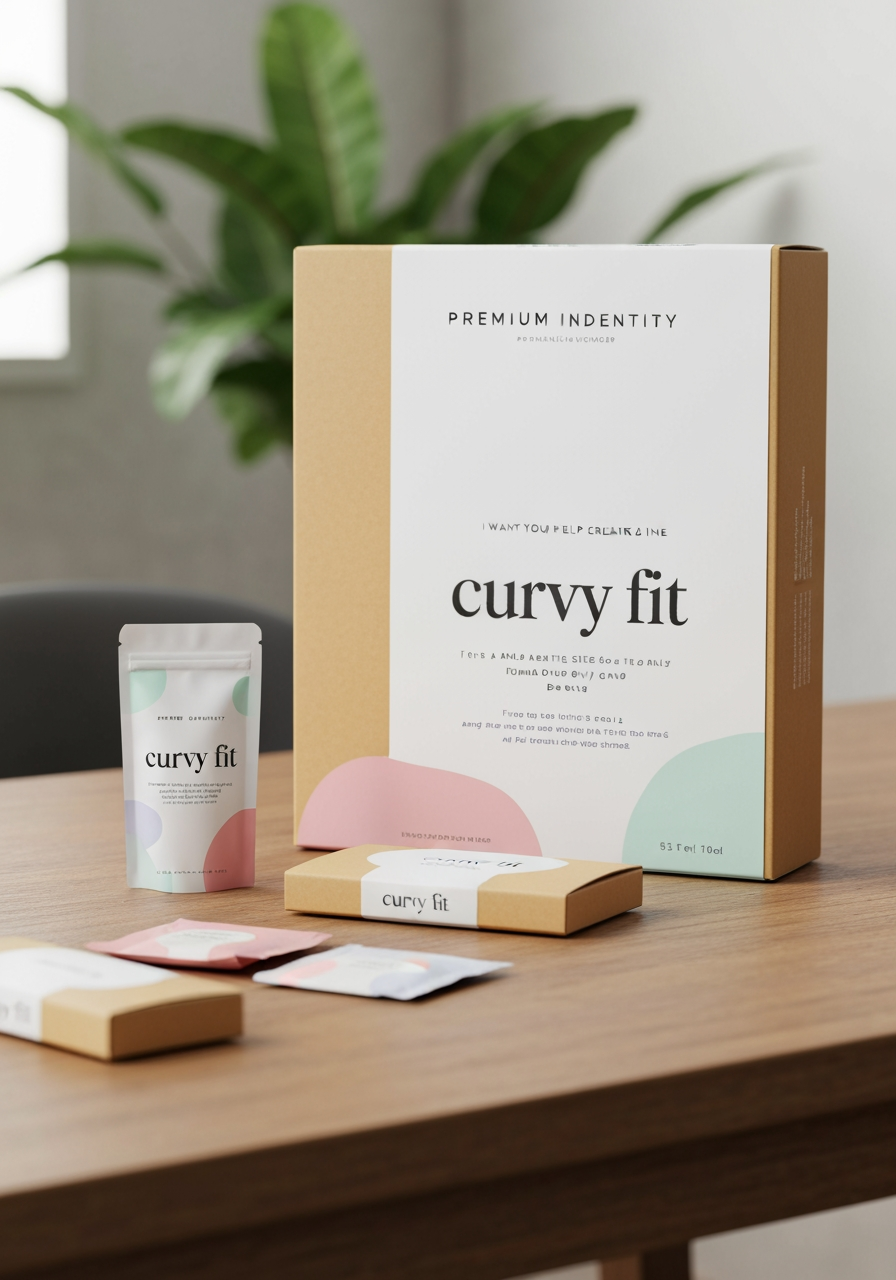 AI Design for Premium packaging mockup concept for i want your help creating a fine, clean and aesthetic logo for a female only gym brand named 'curvy fit' you are free to explore fonts and sizes, the logo should inspire people. the colours should be nice and go along with the brand, although pastels are appreciated, any colour pallete works, that you feel works best for the brand.. Brand identity applied to realistic boxes, pouches, labels, wraps, or bags as appropriate, polished tabletop scene, tactile materials, no invented readable copy.