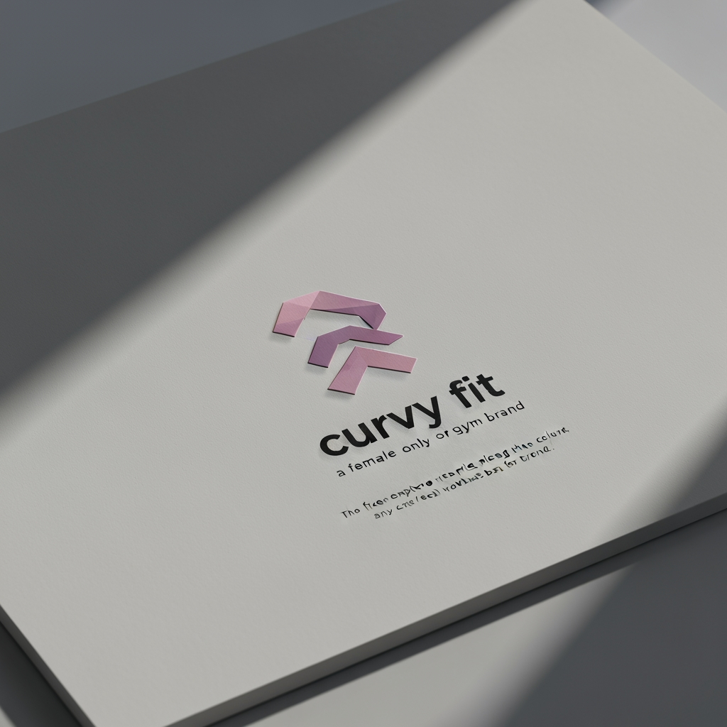 AI Design for Premium logo presentation mockup concept for i want your help creating a fine, clean and aesthetic logo for a female only gym brand named 'curvy fit' you are free to explore fonts and sizes, the logo should inspire people. the colours should be nice and go along with the brand, although pastels are appreciated, any colour pallete works, that you feel works best for the brand.. Logo or brand mark displayed on a clean neutral surface with subtle depth, refined shadow, precise alignment, elegant design-studio presentation, no extra readable text.