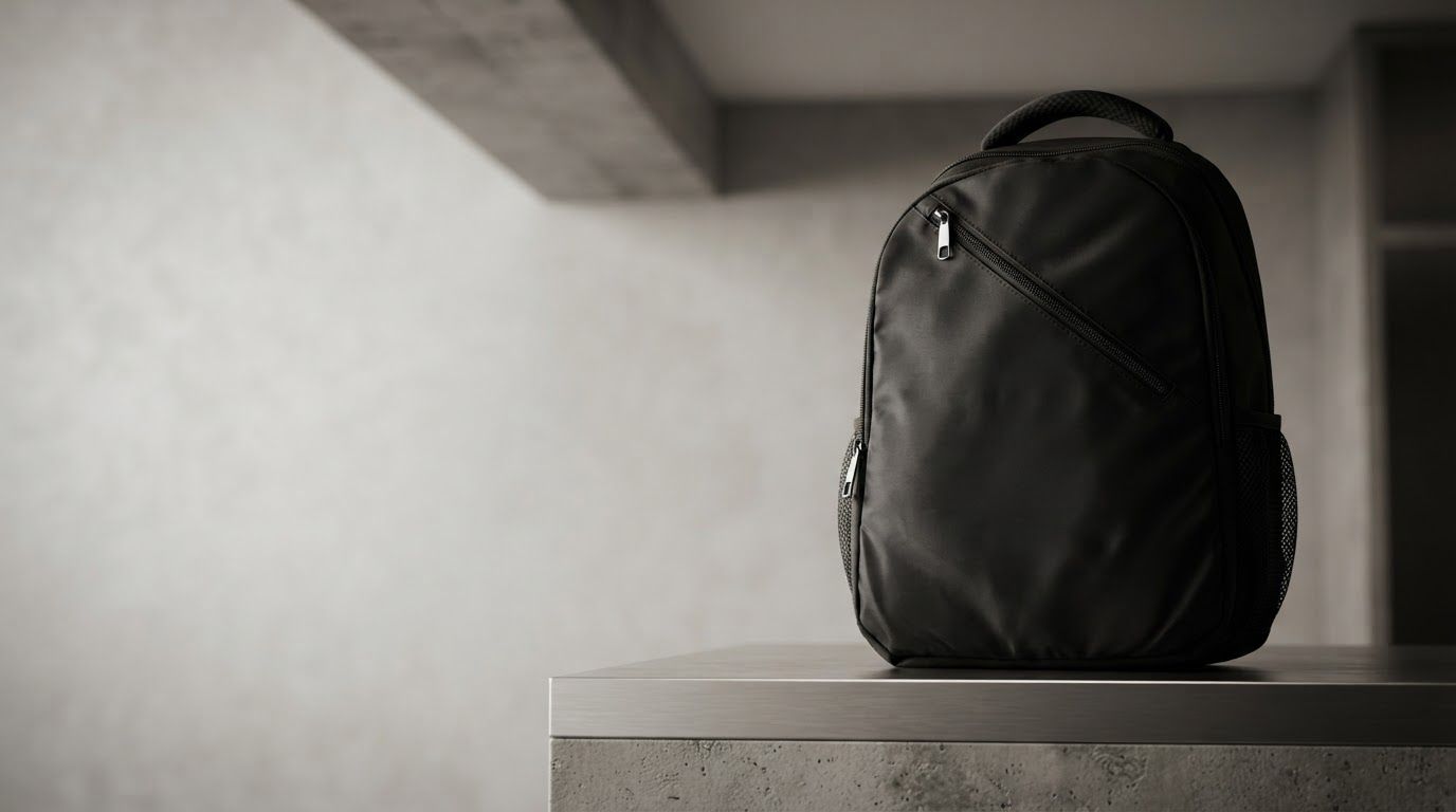 AI Design for Wide campaign hero photograph for Soft Diagonal Backpack. A black, soft-shell backpack made of nylon with a distinct diagonal zipper across the front pocket. The bag features a padded top handle and a side mesh pocket with silver-toned zipper hardware. Premium advertising composition with the product as focal point, cinematic lighting, clean negative space on one side for copy to be added later, no rendered words or logos beyond the reference product.
