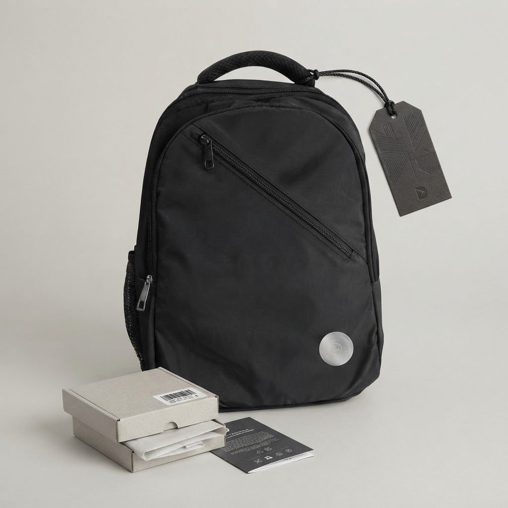 AI Design for Cohesive label system mockup concept for Display the backpack against a clean, neutral studio backdrop to emphasize its smooth texture, functional zipper placement, and durable construction.. Product labels, stickers, seals, hang tags, or small packaging details arranged as a refined identity system, realistic print materials, no invented readable copy.
Feature the product (Soft Diagonal Backpack) from the attached product reference image as the central subject — preserve its shape, color, logos, and details with full fidelity. A black, soft-shell backpack made of nylon with a distinct diagonal zipper across the front pocket. The bag features a padded top handle and a side mesh pocket with silver-toned zipper hardware.
