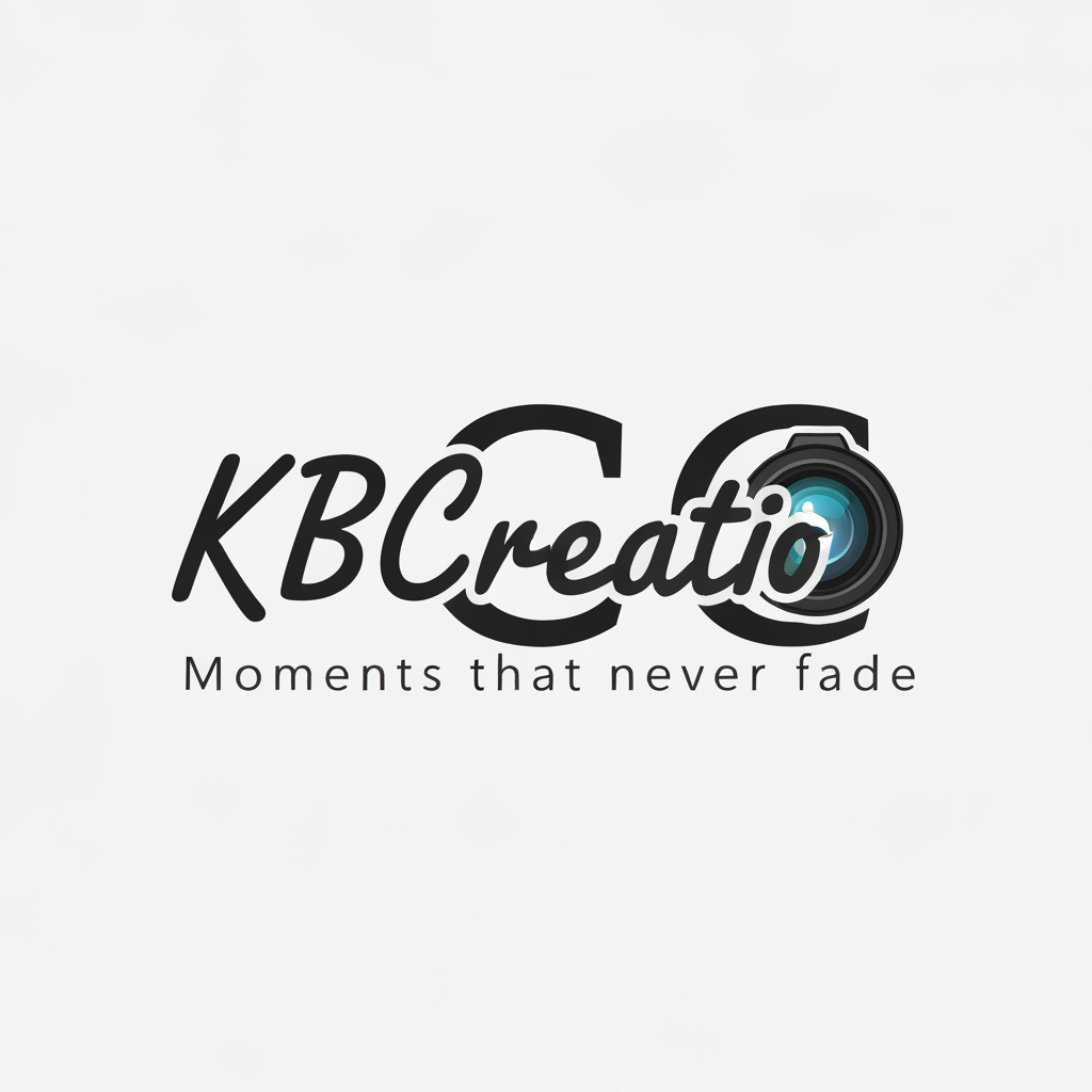 AI Design for make a logo with the name KBCreation with a cursive and keep a camera lens in the letter "C" . write a slogan 'Moments that never fades.