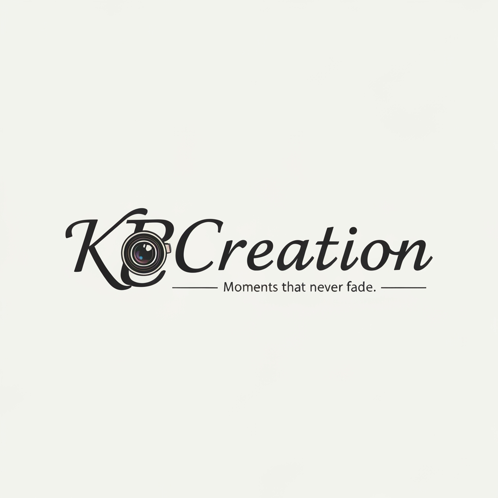 AI Design for make a logo with the name KBCreation with a cursive and keep a camera lens in the letter "C" . write a slogan 'Moments that never fades.