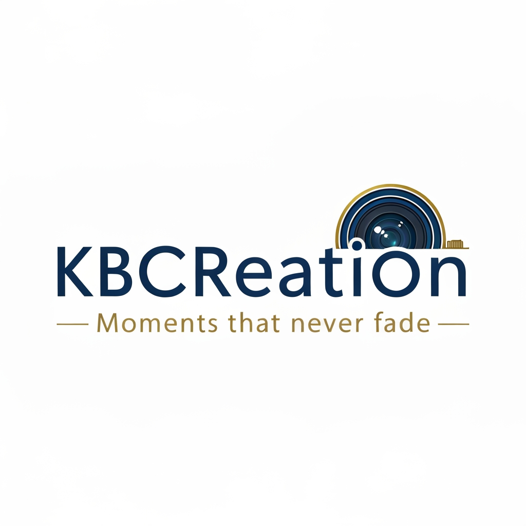 AI Design for make a logo with the name KBCreation with a beautiful font and keep a camera lens in the letter "C" . write a slogan 'Moments that never fades.