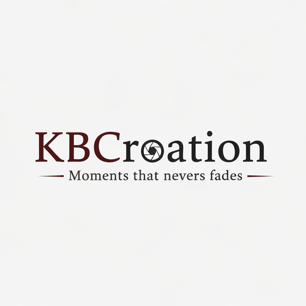 AI Design for make a logo with the name KBCreation with a beautiful font and keep a camera lens in the letter "C" . write a slogan 'Moments that never fades.