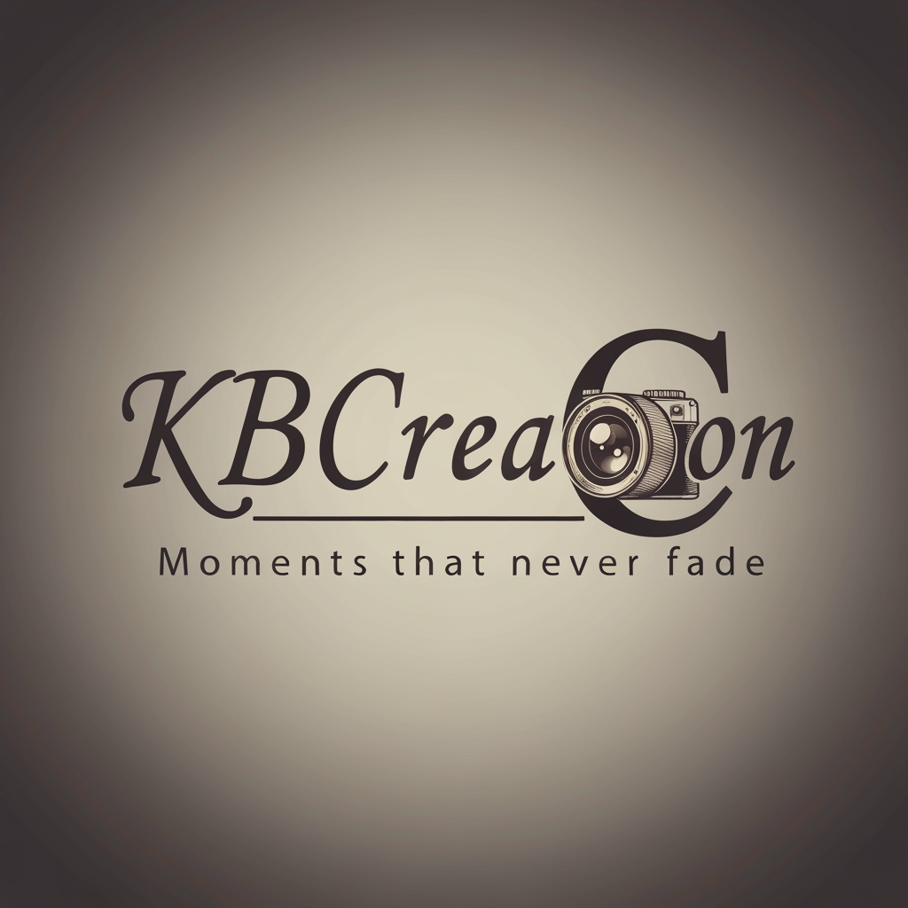AI Design for make a logo with the name KBCreation with a cursive and keep a camera lens in the letter "C" . write a slogan 'Moments that never fades.