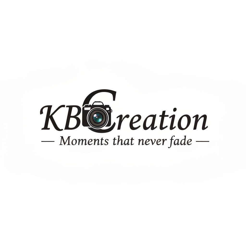AI Design for make a logo with the name KBCreation with a cursive and keep a camera lens in the letter "C" . write a slogan 'Moments that never fades.