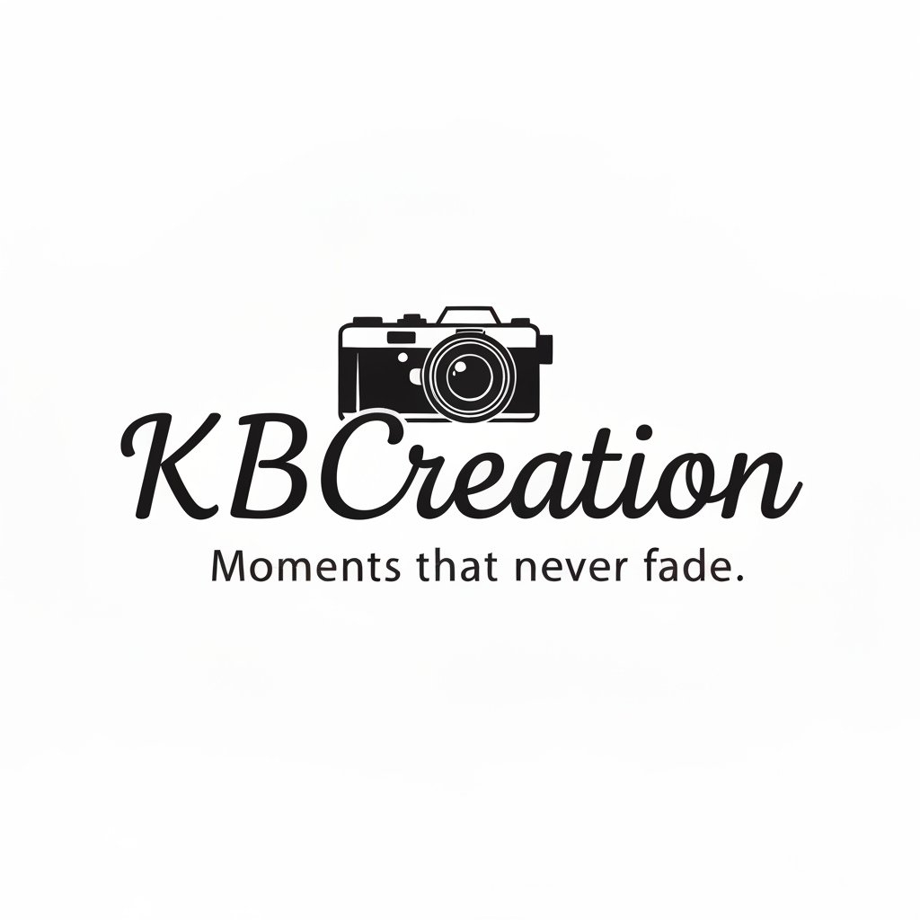 AI Design for make a logo with the name KBCreation with a cursive and keep a camera lens in the letter "C" . write a slogan 'Moments that never fades.