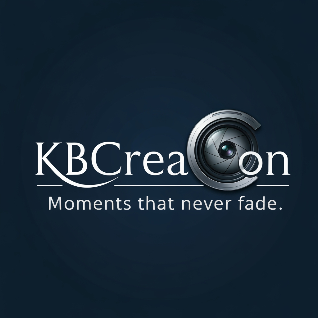 AI Design for make a logo with the name KBCreation with a beautiful font and keep a camera lens in the letter "C" . write a slogan 'Moments that never fades.