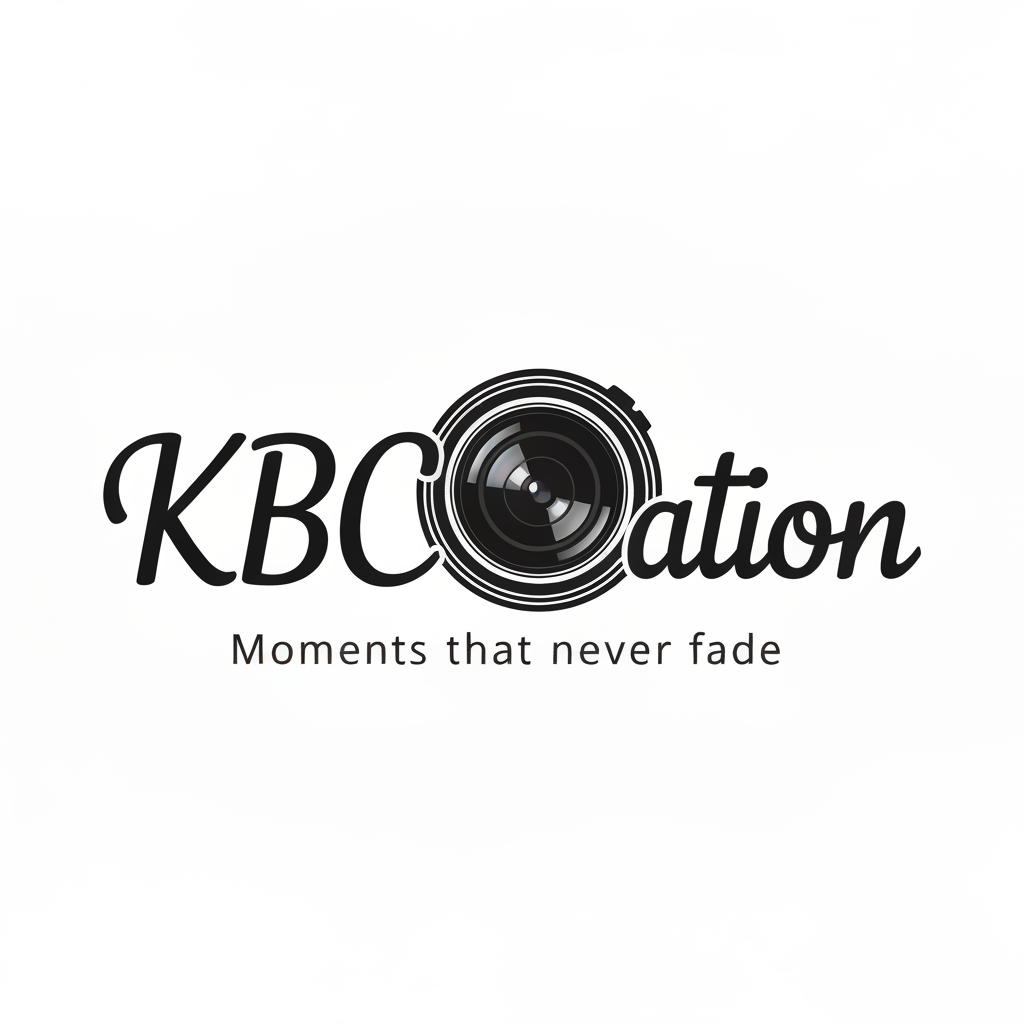 AI Design for make a logo with the name KBCreation with a cursive and keep a camera lens in the letter "C" . write a slogan 'Moments that never fades.