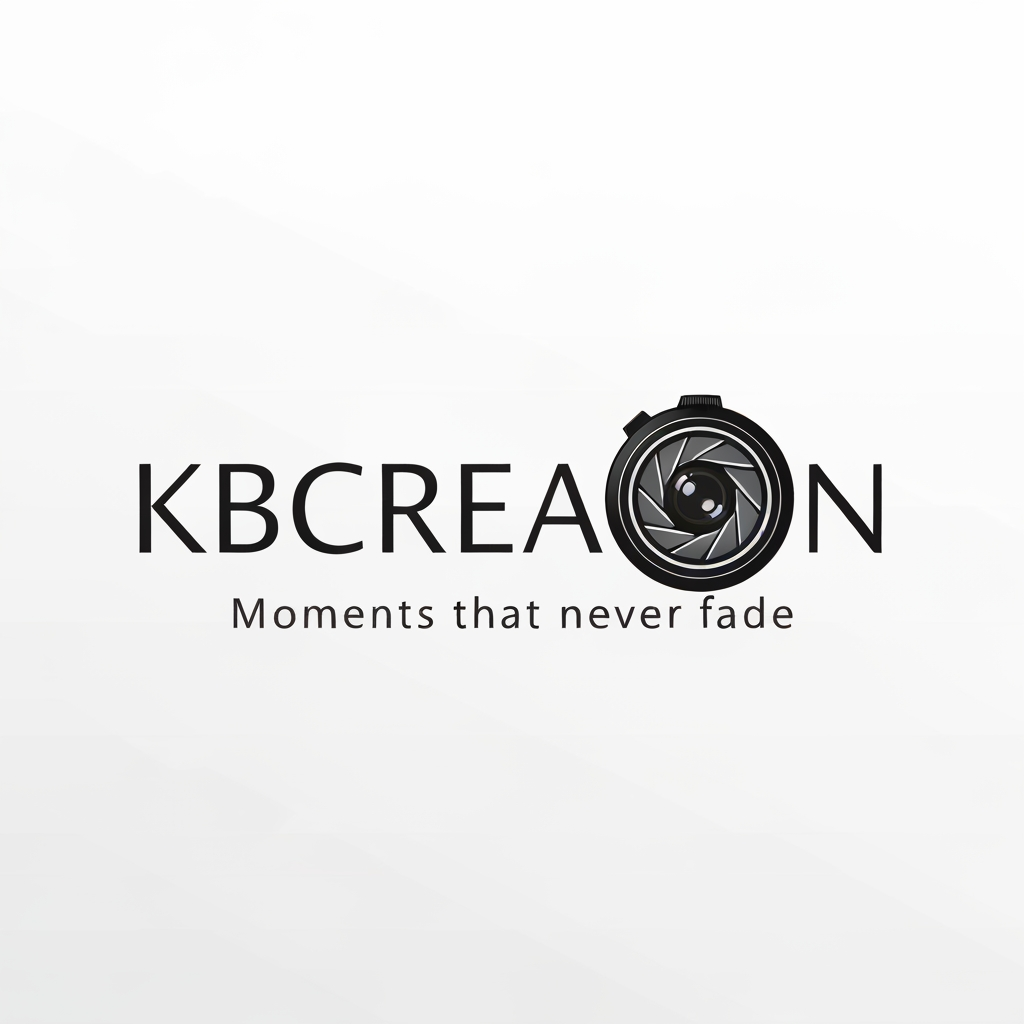 AI Design for make a logo with the name KBCreation with a beautiful font and keep a camera lens in the letter "C" . write a slogan 'Moments that never fades.