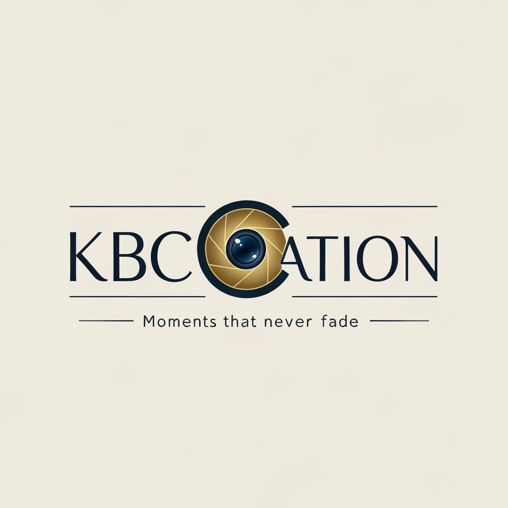 AI Design for make a logo with the name KBCreation with a beautiful font and keep a camera lens in the letter "C" . write a slogan 'Moments that never fades.