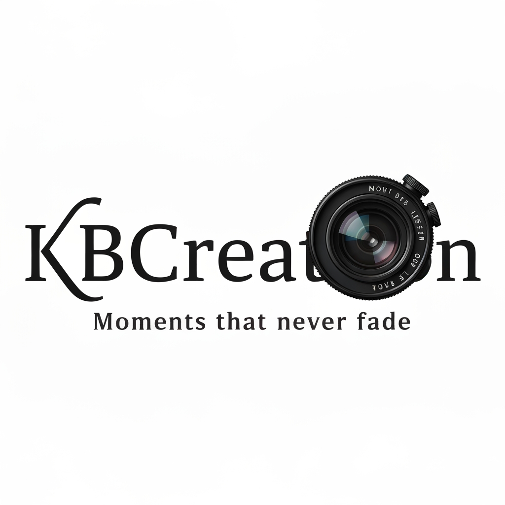 AI Design for make a logo with the name KBCreation with a beautiful font and keep a camera lens in the letter "C" . write a slogan 'Moments that never fades.